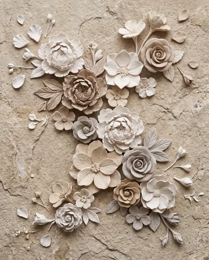 Sculpted Neutral Plaster Flowers on Stone