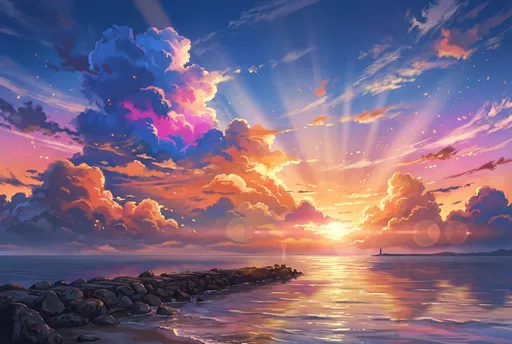 Anime Coastal Sunset With Dramatic Clouds