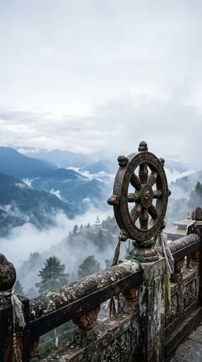 Bronze Dharma Wheel Overlooking Misty Mountains