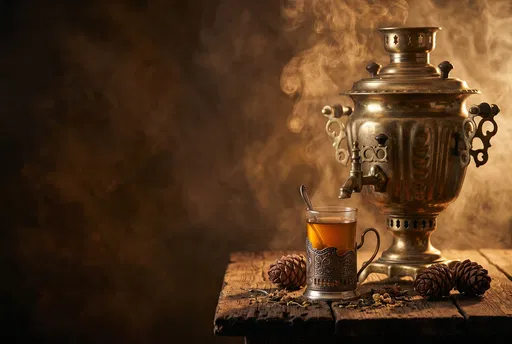 Brass Samovar and Tea on Rustic Table