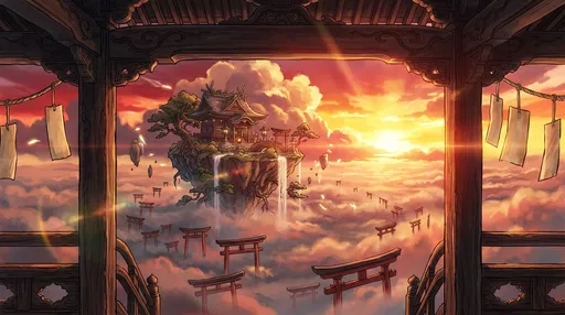 Floating Anime Shrine Above Sunset Clouds