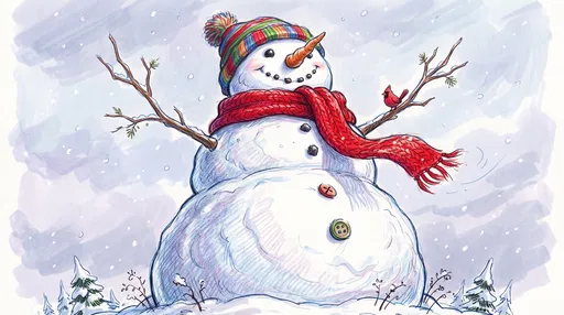 Whimsical Storybook Snowman Illustration in Winter