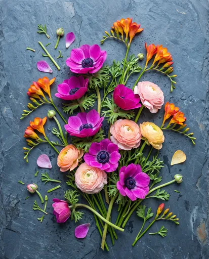 Spring Flowers Flat Lay on Slate