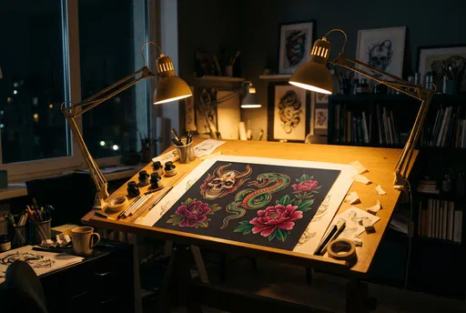 Tattoo Flash Designs on Lit Drafting Table