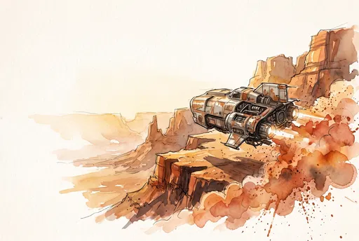 Watercolor Vintage Spaceship Over Desert Canyon