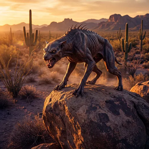 Fierce Chupacabra Creature on Desert Boulder