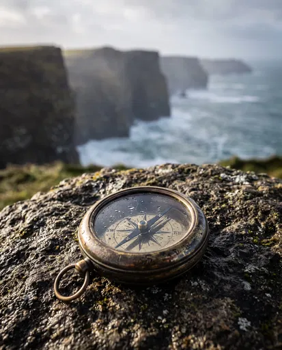 Vintage Brass Compass on Coastal Cliff Rock