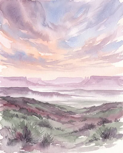 Pastel Watercolor Desert Mesa Landscape