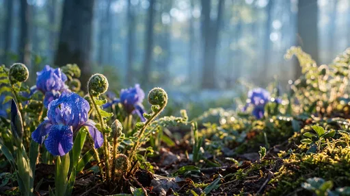Blue Irises and Ferns in Morning Forest