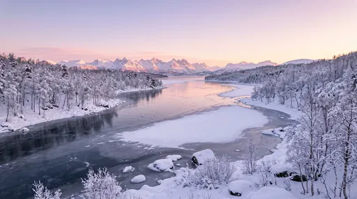 Frozen Nordic Fjord at Sunset
