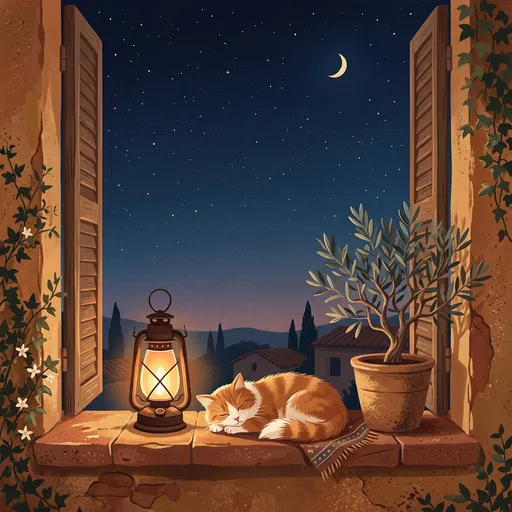 Sleeping Cat on Starry Mediterranean Windowsill