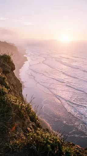 Hazy Sunset Over Coastal Cliffside Beach