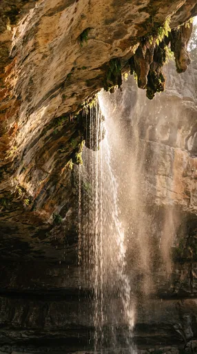 Sunlit Waterfall Cascading Over Limestone Overhang