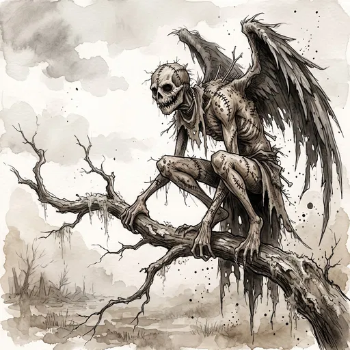 Winged Scarecrow Monster Perched on Dead Branch
