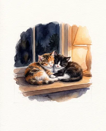 Watercolor Kittens Cuddling on Windowsill