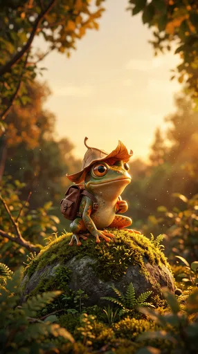 Cartoon Frog Adventurer on Mossy Rock