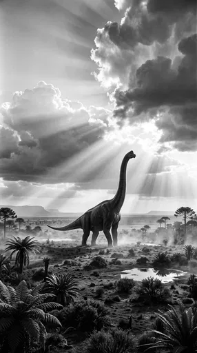 Monochrome Brachiosaurus in Prehistoric Landscape