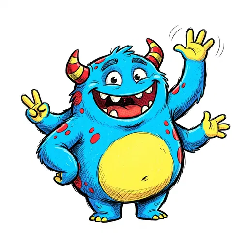Playful Four-Armed Blue Monster Mascot Waving