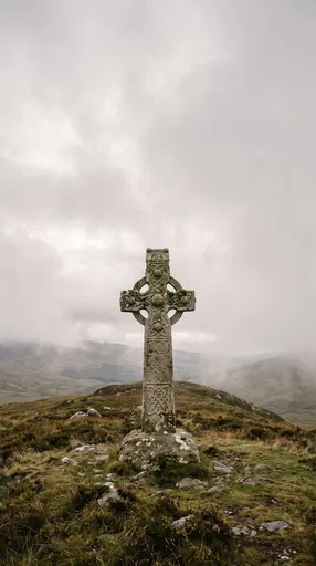 Weathered Celtic Cross on Misty Highland Ridge