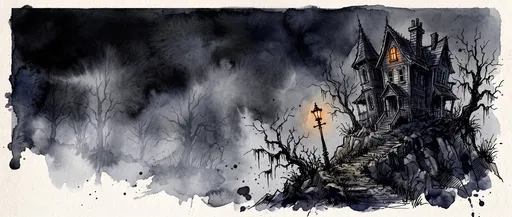Gothic Watercolor Haunted Mansion on Hill