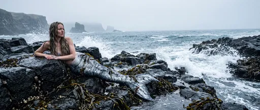 Mermaid Resting on Coastal Basalt Rocks