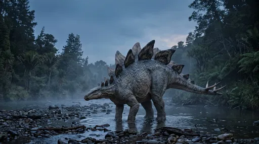 Stegosaurus Standing in Misty Riverbed