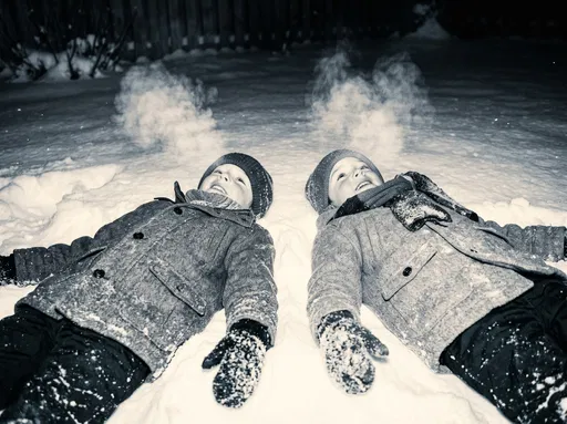 Two Children Lying in Night Snow