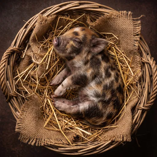Sleeping Spotted Piglet in Wicker Basket