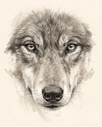 Charcoal Sketch of Wolf Face Close-Up
