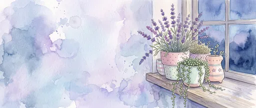 Watercolor Potted Lavender on Windowsill Background