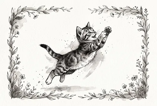 Monochrome Watercolor Jumping Tabby Kitten Illustration