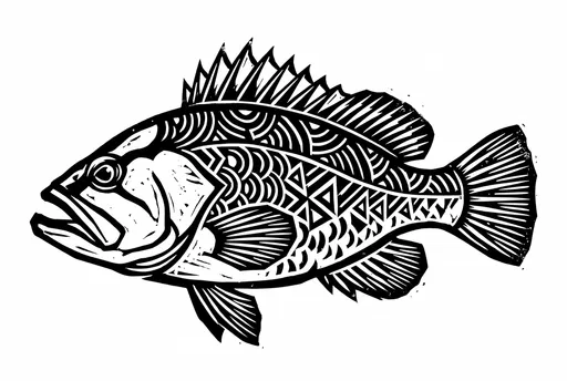 Black and White Linocut Grouper Fish Illustration