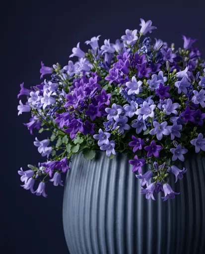Purple Campanula Flowers in Ribbed Planter