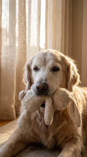 Senior Golden Retriever Holding Plush Bunny