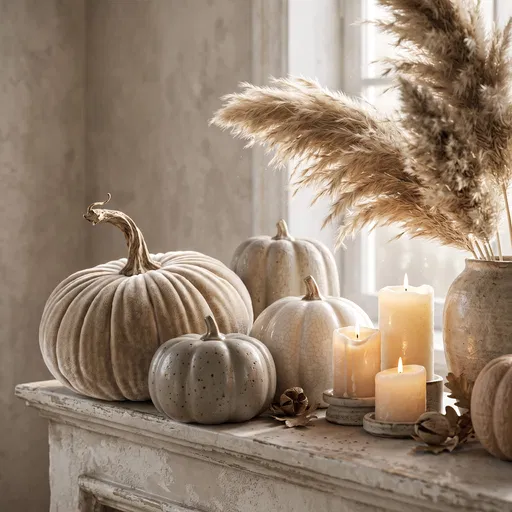 Neutral Decorative Pumpkins and Candles on Mantel