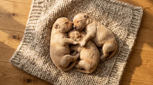 Three Newborn Puppies Sleeping on Knit Blanket