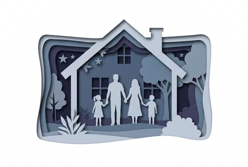 Blue Paper Cutout Family Home Illustration