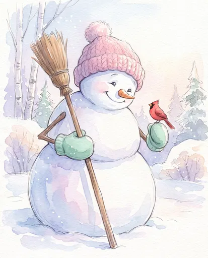 Watercolor Snowman with Red Cardinal