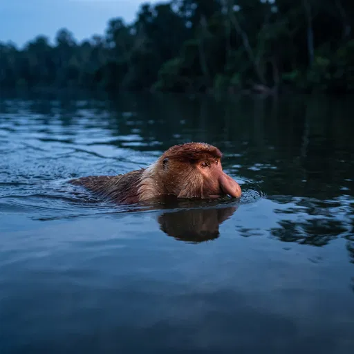 Proboscis Monkey Swimming in Calm River