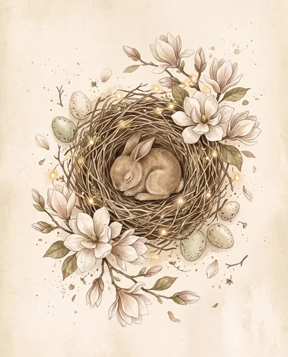 Watercolor Sleeping Bunny in Floral Nest
