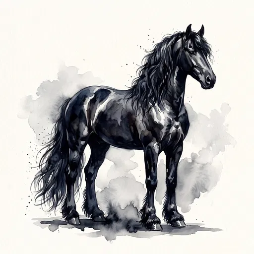 Black Friesian Stallion Watercolor Illustration
