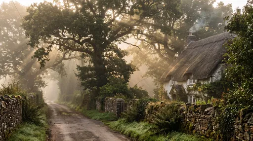 Misty Country Road by English Thatched Cottage