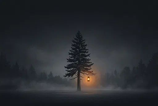 Lone Pine Tree With Glowing Lantern