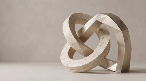 Interlocking Travertine Stone and Brushed Metal Sculpture