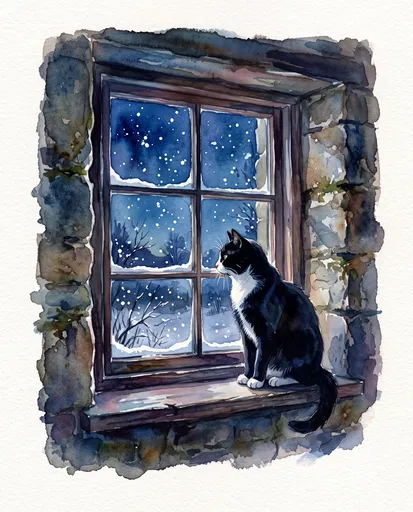 Watercolor Tuxedo Cat on Winter Windowsill