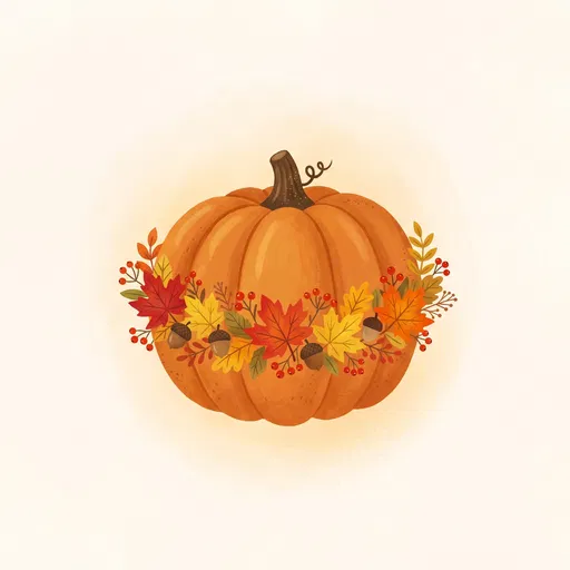 Illustrated Pumpkin With Autumn Foliage Wreath