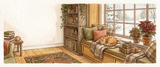 Watercolor Cozy Window Seat With Sleeping Cat