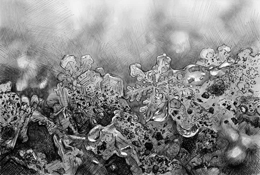 Cross-Hatched Drawing of Melting Snow Crystals