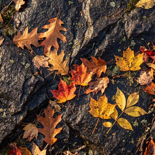 Autumn Leaves on Wet Dark Rock