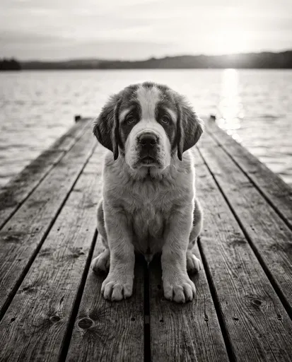 Saint Bernard Puppy on Wooden Dock